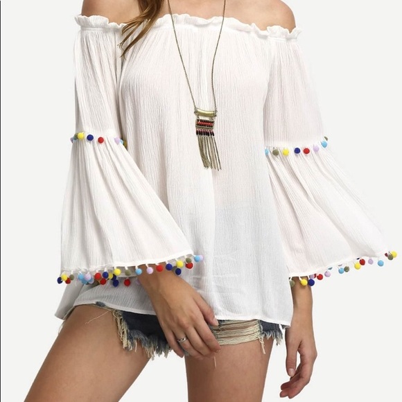 White Off the Shoulder Blouse with Pom Poms - Picture 1 of 5